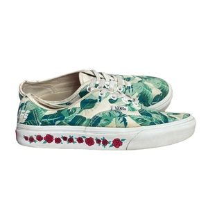 Vans Tropical Green Leaf Print Low Top Sneakers with Red Rose Accent